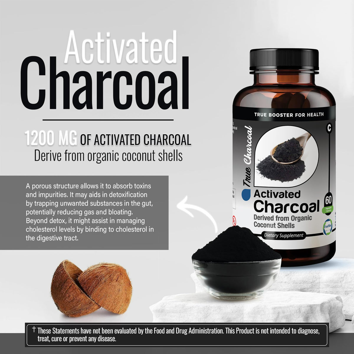 TRUEMED Activated Charcoal - 1200 mg - 60 Capsules - from Organic Coconut Shells