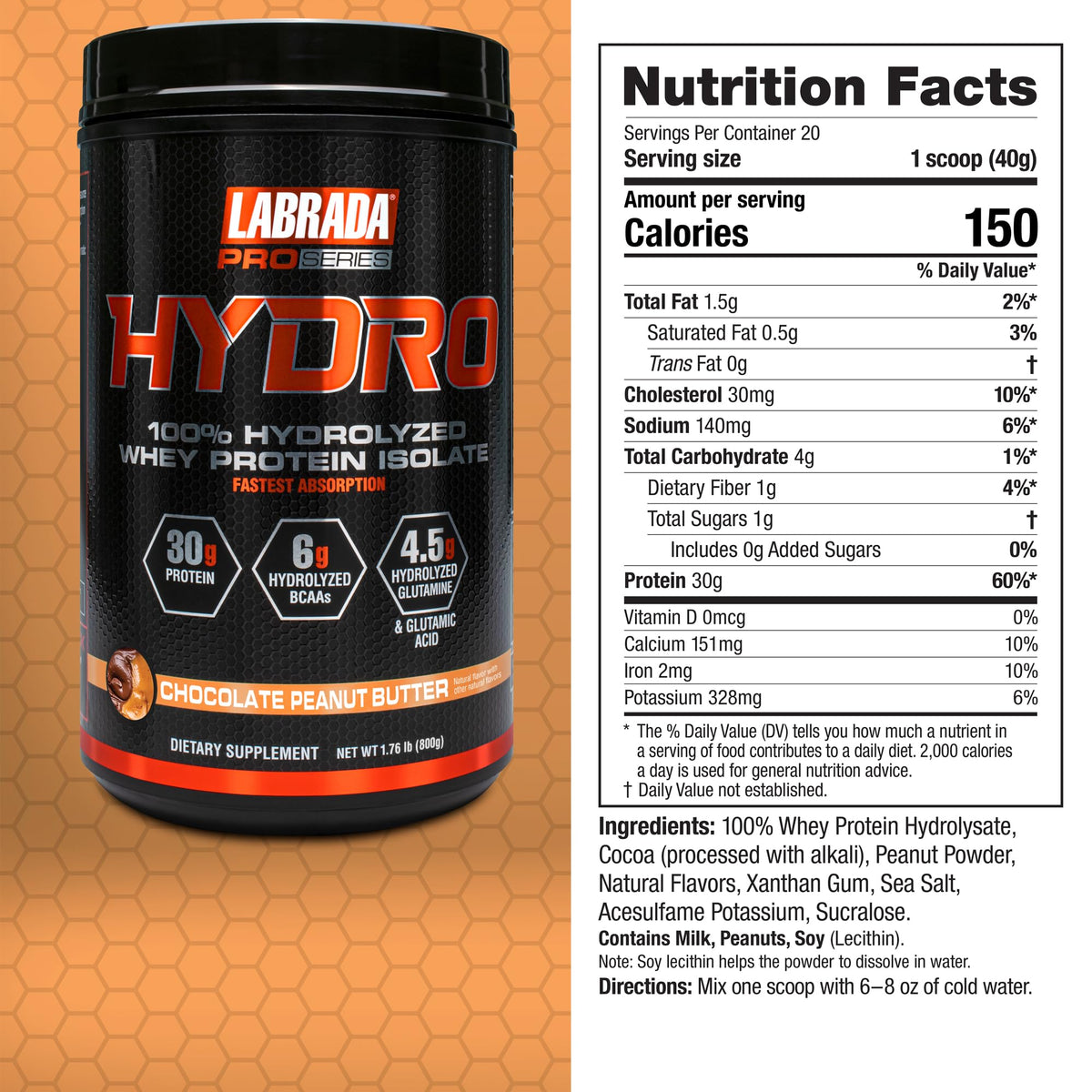 LABRADA HYDRO 100% Pure Hydrolyzed Whey Protein Isolate Powder, Lactose free