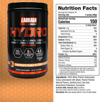 LABRADA HYDRO 100% Pure Hydrolyzed Whey Protein Isolate Powder, Lactose free