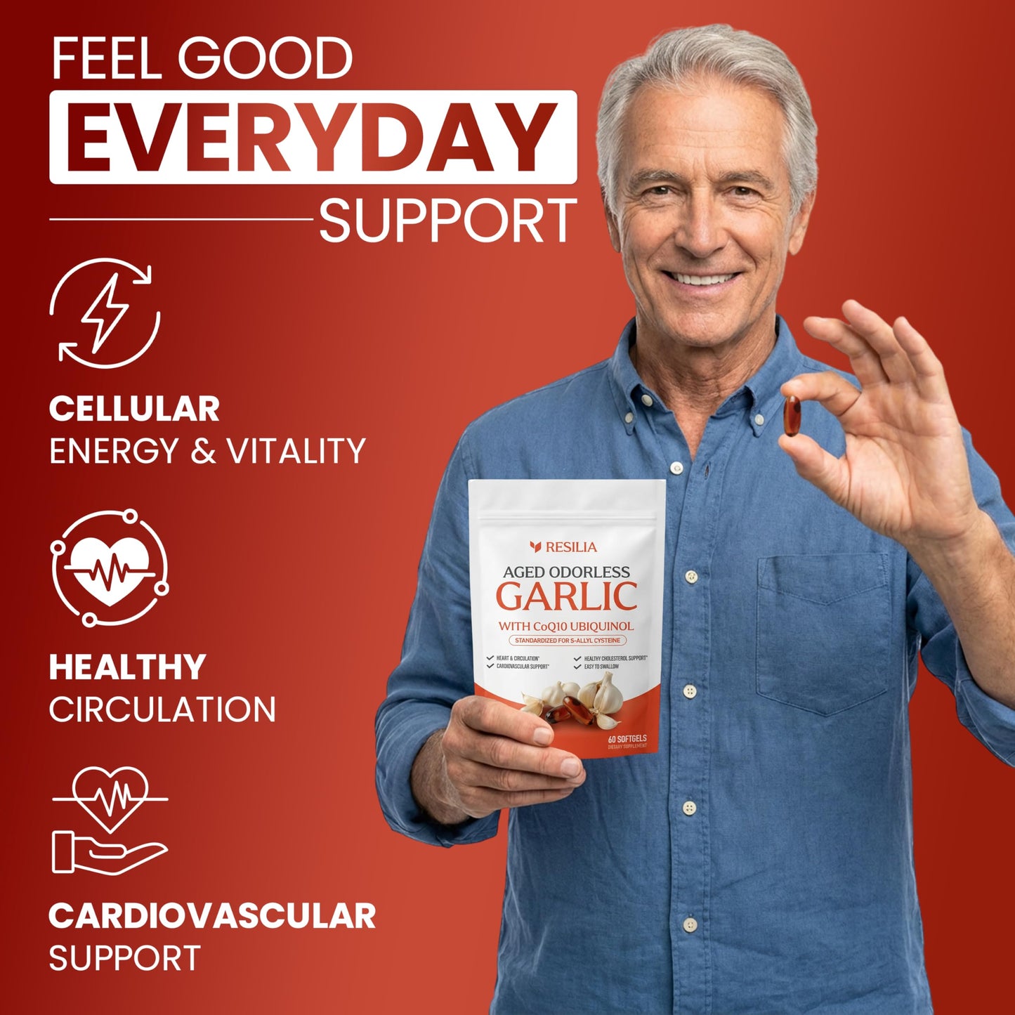 Resilia Garlic Extract 600mg Softgels (60ct) – Odorless Aged Garlic with CoQ10 Ubiquinol & Vitamin K2 as MK-7 – 20-Month Matured, Standardized for S-Allyl Cysteine - Heart & Immune Support
