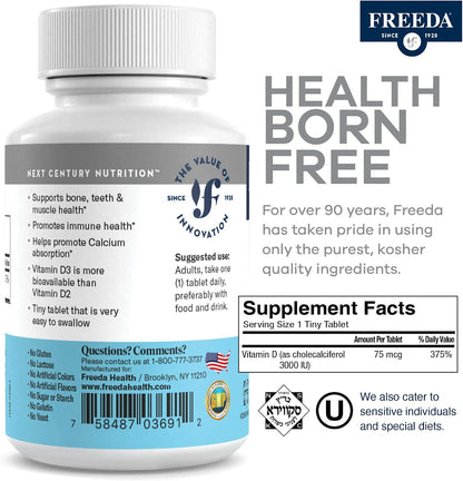 FREEDA Vitamin D3-3000 IU - Pure High Potency Kosher Supplement Tablets - Bone and Muscle Health, Calcium Absorption, Immune Support for Men and Women* - 100 Tiny Tablets | Supports Bone, Muscle & Immune Health – Helps Calcium Absorption – Easy-to-Swallow