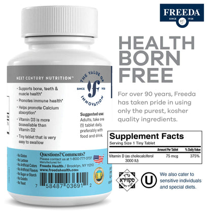 FREEDA Vitamin D3-3000 IU - Pure High Potency Kosher Supplement Tablets - Bone and Muscle Health, Calcium Absorption, Immune Support for Men and Women* - 100 Tiny Tablets | Supports Bone, Muscle & Immune Health – Helps Calcium Absorption – Easy-to-Swallow