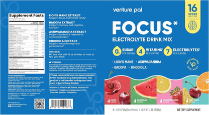 Venture Pal Sugar Free Hydration + Focus Electrolyte Packets, 16 Sticks | 7 Electrolytes + Vitamins, Magnesium, Lion's Mane & Ashwagandha, Boost Clarity & Energy, Electrolytes Powder, Vegan, Keto