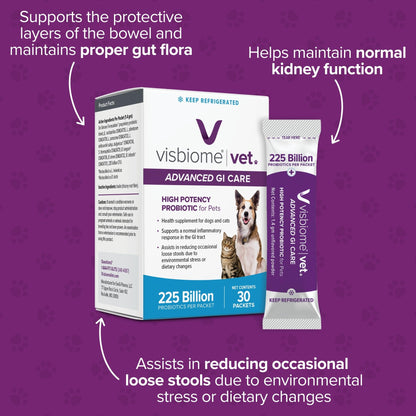 Visbiome® Vet Advanced GI Care Probiotic for Dogs & Cats, 225B CFU, 30 ct | Veterinarian Recommended, De Simone Formulation®, Multi-Strain, Refrigerated Probiotics, Weight-Based Dosing, Made in USA