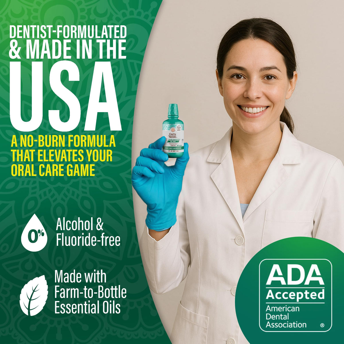GuruNanda Fresh Breath Mouthwash – 12-Hour Fresh Breath & Helps Fight Bad Breath – ADA Accepted, Alcohol & Fluoride-Free Oral Rinse, Wild Mint - 16 oz, Pack of 2