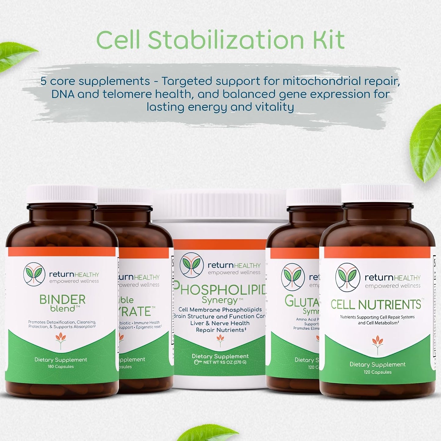 Cell Stabilization Kit - 5-in-1 Mitochondrial Supplements for Cellular Vitality, Gut Health & Brain Support - Health Essentials, Wellness Protocol - Non-GMO, Plant-Based, USA-Made