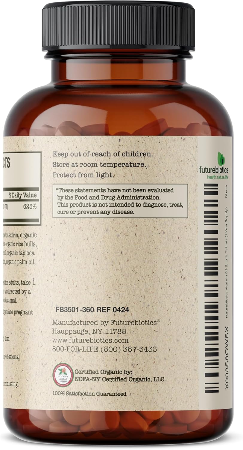 Futurebiotics Vitamin D3 5,000 IU (125 MCG), USDA Certified Organic Vitamin D Supplement, 360 Tablets