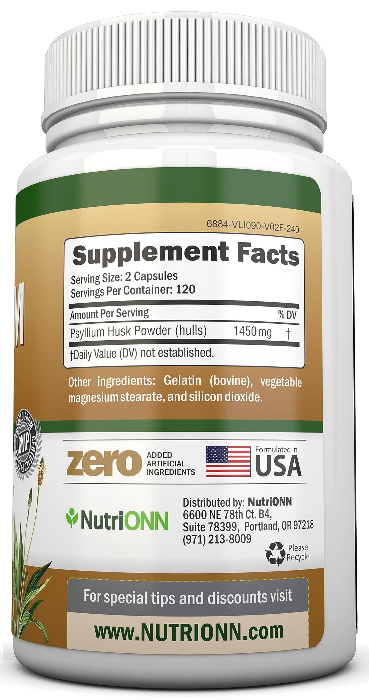 NutriONN PSYLLIUM Husk Capsules - 1450mg Per Serving - 240 Capsules - Double Strength