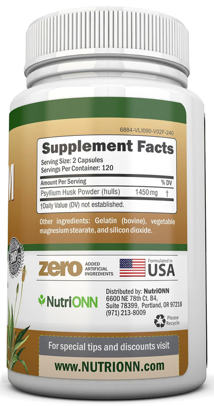 NutriONN PSYLLIUM Husk Capsules - 1450mg Per Serving - 240 Capsules - Double Strength