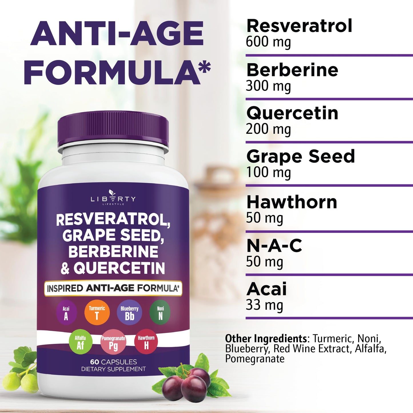 Liberty Lifestyle Resveratrol, Berberine, Grape Seed Extract, Quercetin, Polyphenol Supplement for Women and Men with Noni Extract, N-Acetyl Cysteine, Acai Extract - 2-Pack