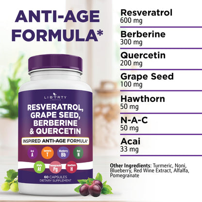 Liberty Lifestyle Resveratrol, Berberine, Grape Seed Extract, Quercetin, Polyphenol Supplement for Women and Men with Noni Extract, N-Acetyl Cysteine, Acai Extract - 2-Pack