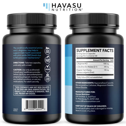 L-Arginine and L-Citrulline for Men, Nitric Oxide Support, 30 Servings | L Arginine 1000mg Capsules with L Citrulline and Tart Cherry, Performance Supplement for Men's Health, Vegan, 60 Count