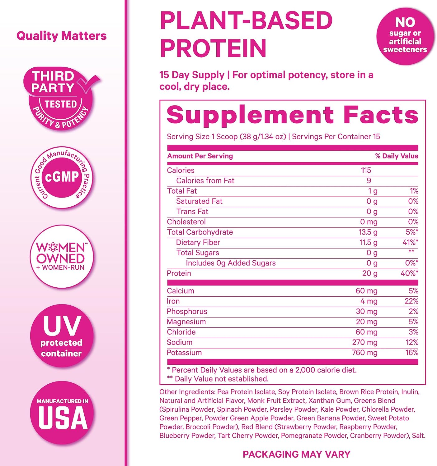Pink Stork Protein Powder for Women, 20g Vanilla Plant-Based, 15 Scoops | With Fiber & Superfoods, Gluten Free, Dairy Free, Sugar Free, Pregnancy Friendly
