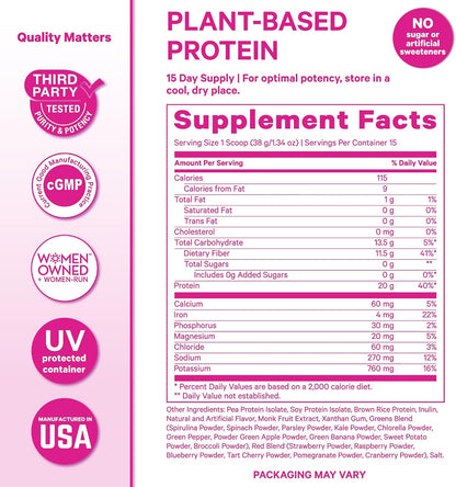 Pink Stork Protein Powder for Women, 20g Vanilla Plant-Based, 15 Scoops | With Fiber & Superfoods, Gluten Free, Dairy Free, Sugar Free, Pregnancy Friendly