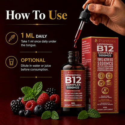 Liposomal Vitamin B12 Liquid Drops 5000mcg, Triple Active B12 Complex with Folate, B6, Biotin & Zinc, Vegan Berry Mint Formula, 60ml