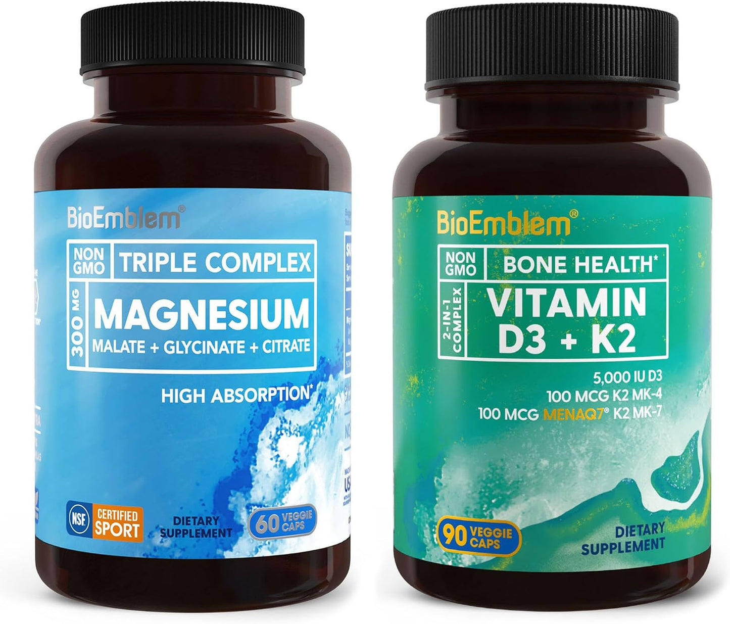 BioEmblem Vitamin D3 K2 Capsules (5000IU and 200mcg) and Magnesium Complex 60 Capsules