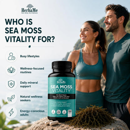 HerbaMe Organic Sea Moss Supplement with Bladderwrack & Burdock Root, Irish Moss with Black Pepper Extract, Daily Mineral Support for Energy & Wellness, Immune Support for Men & Women, 150 Capsules