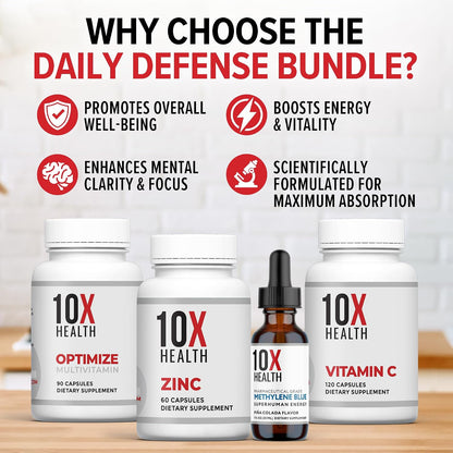 10X Health Methylated Multivitamin - 4-in-1 Kit | 10X Optimize, 10X Zinc, 10X Vitamin C & Methylene Blue Drops, Immunity & Energy Bundle