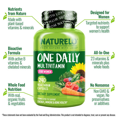 NATURELO One Daily Multivitamin for Women w/Vitamin B12, 120 Ct, Energy Support, Whole Food Daily Women Multivitamin Supplement, Nourish Hair/Skin/Nail, Non-GMO, No Soy, Gluten Free, 4 Month Supply