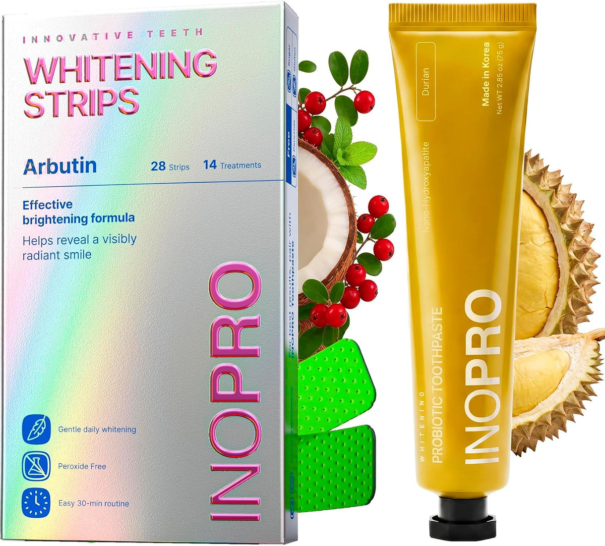 InoPro Teeth Whitening Strips 14 Treatments Kit + Nano-Hydroxyapatite Whitening Toothpaste with Probiotic for Sensitive Teeth - Durian