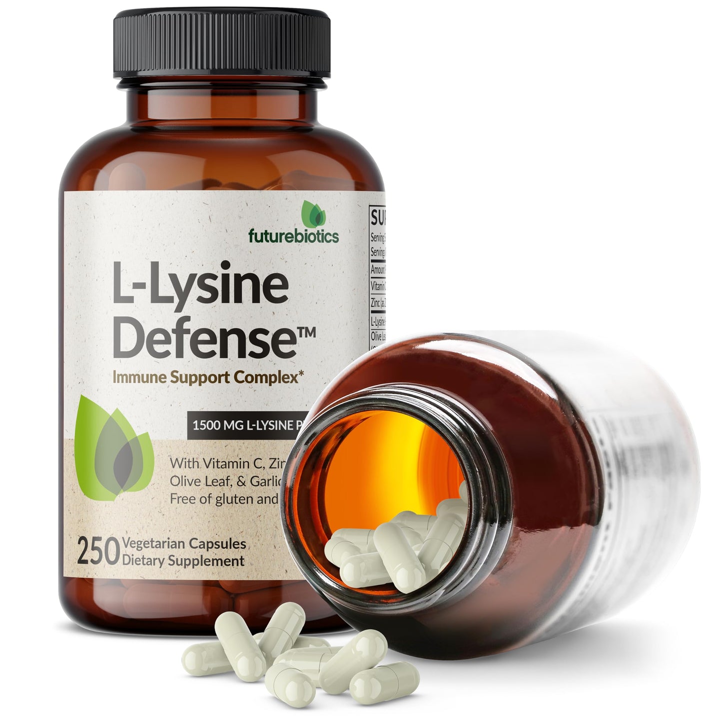 Futurebiotics L-Lysine Defense Immune Support Complex 1500 MG Per Serving with Vitamin C, Zinc, Olive Leaf & Garlic - Non-GMO, 90 Vegetarian Capsules