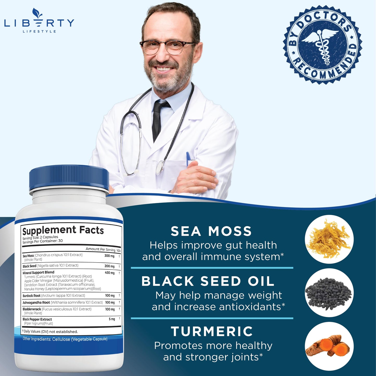 Liberty Lifestyle Sea Moss Black Seed Oil Ashwagandha Turmeric Bladderwrack Burdock - with Manuka, Honey Dandelion, ACV Black Pepper Gluten Free - 2-Pack