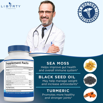 Liberty Lifestyle Sea Moss Black Seed Oil Ashwagandha Turmeric Bladderwrack Burdock - with Manuka, Honey Dandelion, ACV Black Pepper Gluten Free - 2-Pack