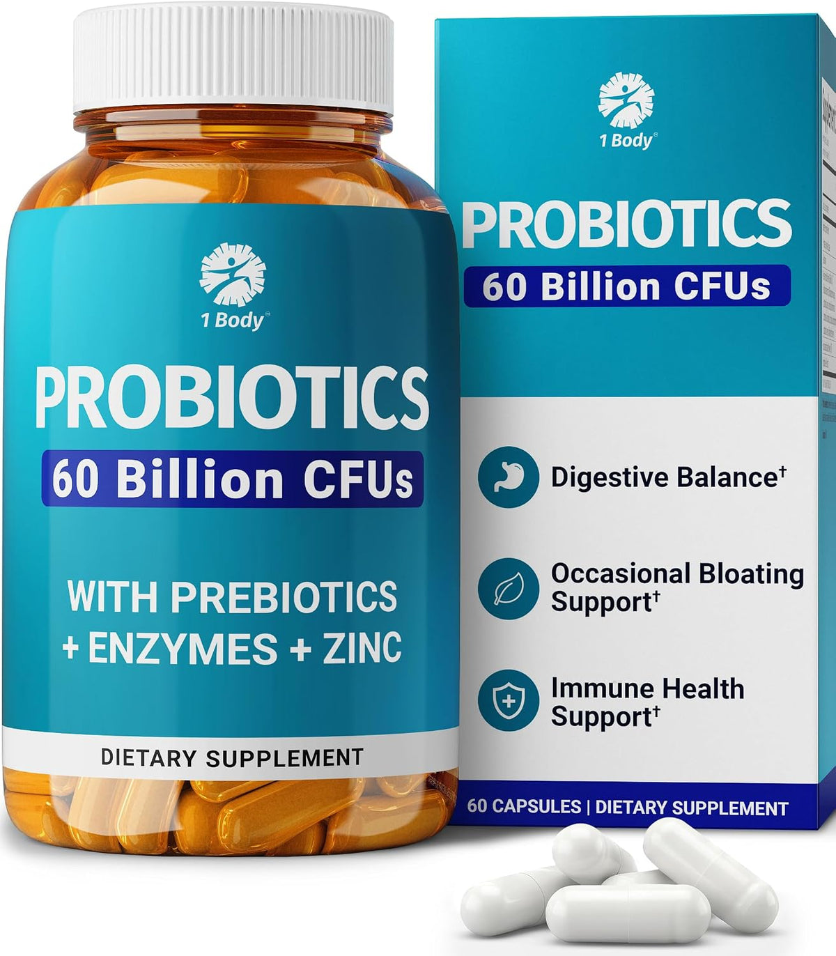 1 Body Probiotic 60 Billion with Prebiotics & Enzymes, 60 Vegan Caps
