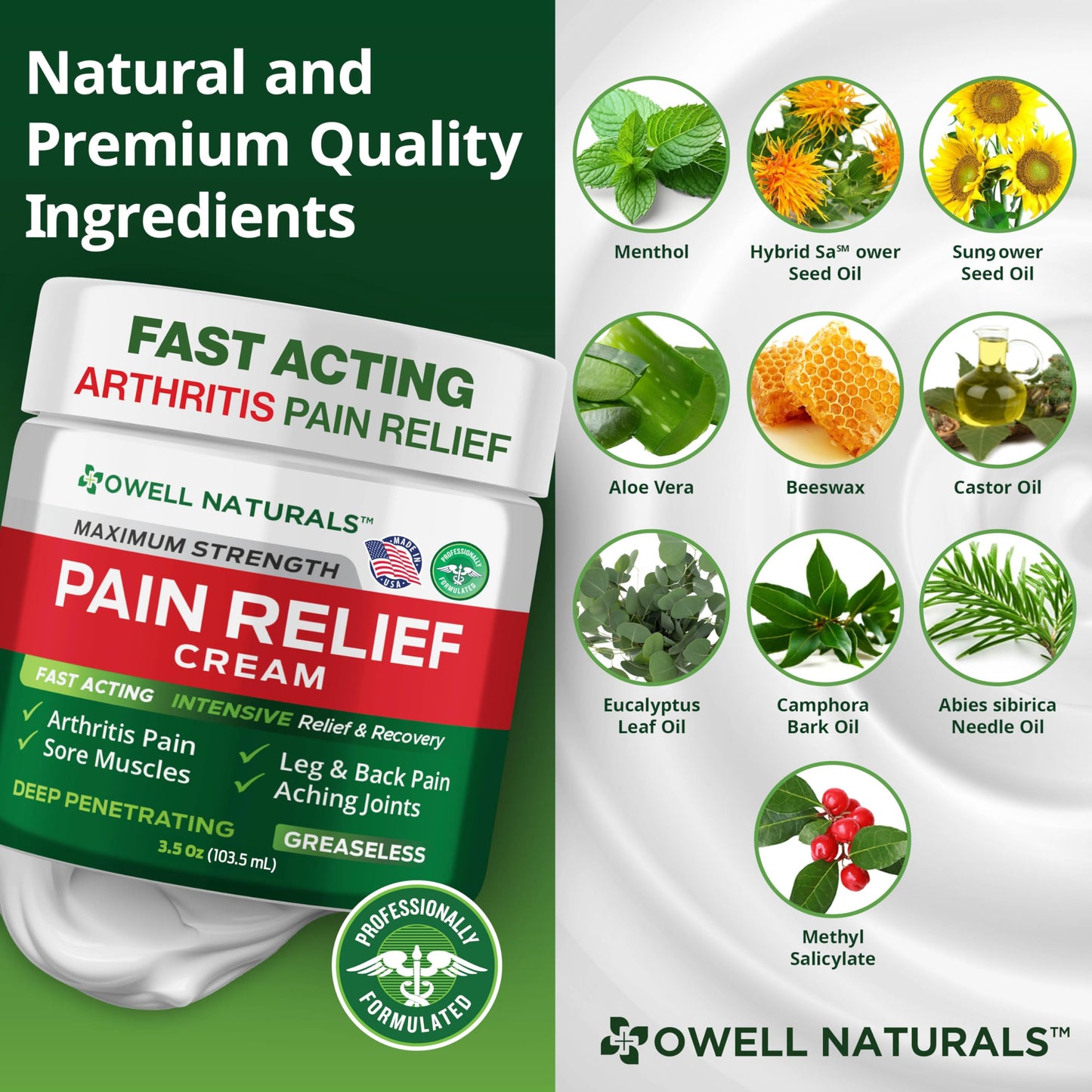 Owell Naturals Deep Penetrating Pain Relief Cream, Maximum Strength Formula for Joints & Muscles, Lower Back, Knees, Hands, Legs, Ankle – Fast Acting Comfort, 7 oz