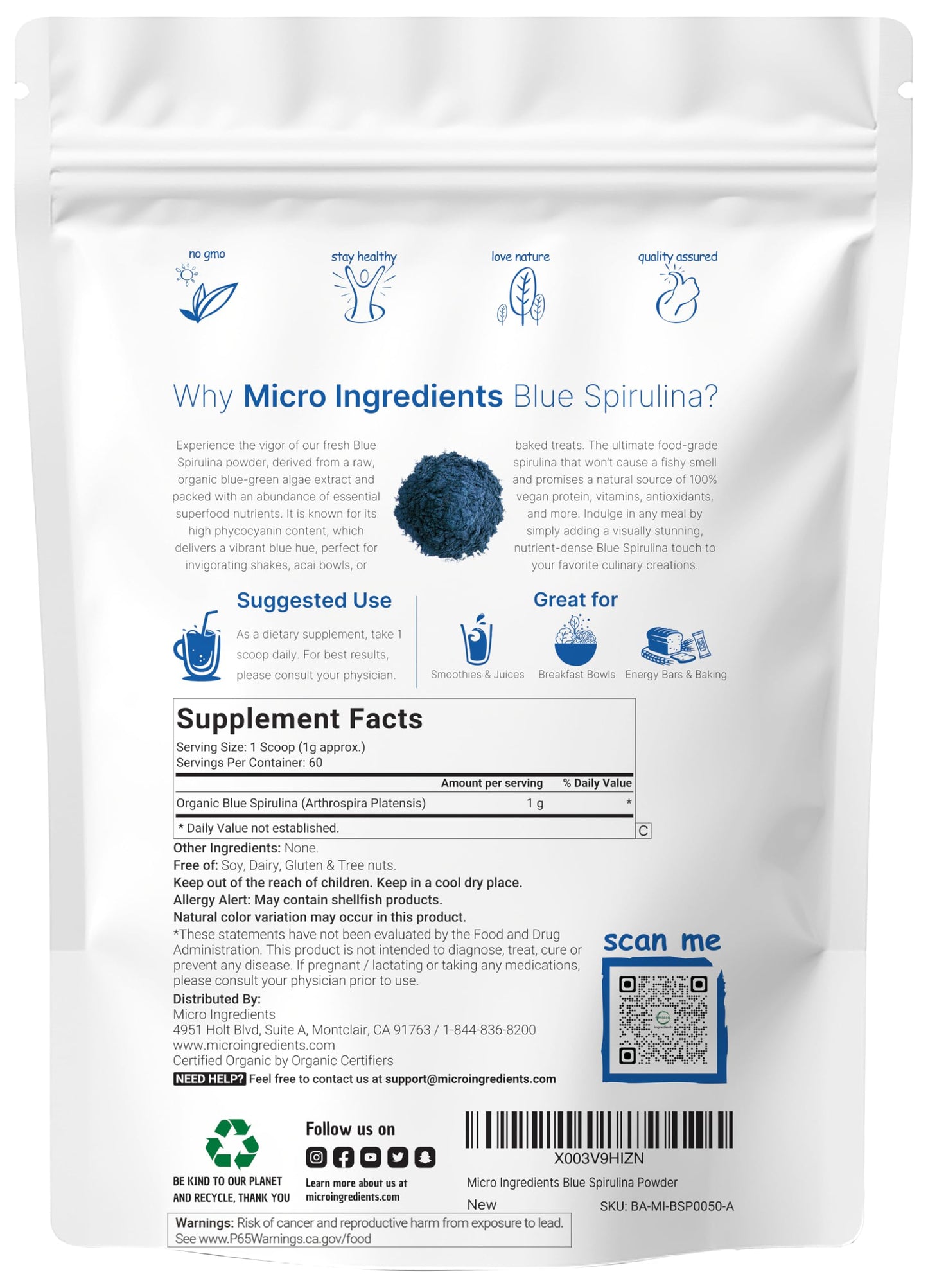 Organic Blue Spirulina Powder (Phycocyanin Extract), 30 Servings - No Fishy Smell, 100% Vegan Protein from Blue-Green Algae, Natural Luminous Food Coloring for Smoothies, Baking, Drinks & Cooking