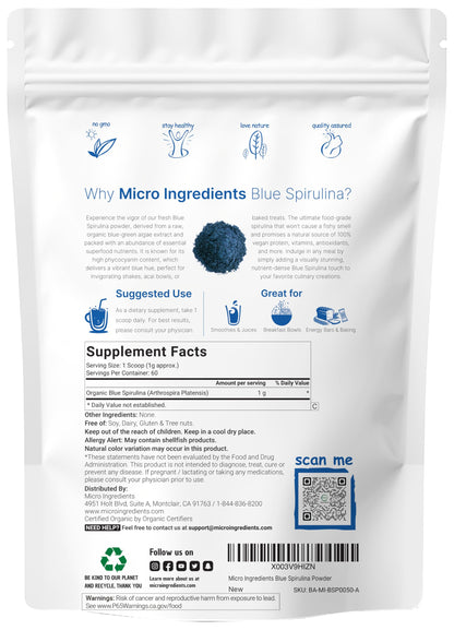 Organic Blue Spirulina Powder (Phycocyanin Extract), 30 Servings - No Fishy Smell, 100% Vegan Protein from Blue-Green Algae, Natural Luminous Food Coloring for Smoothies, Baking, Drinks & Cooking