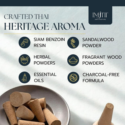 Siam Benzoin Natural Incense Cones - Sweet Vanilla & Sandalwood - Charcoal Free, Long Burning 60 Mins - Premium Thai Incense Cones Scented for Home, Meditation, Yoga & Relaxation