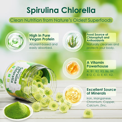 Organic Spirulina Chlorella Gummies + Super Greens, High in Vegan Protein & Chlorophyll, Green Algae + Broccoli，Moringa, Spinach, C, D3, Zinc, B12 for Energy, Gut, Immune, Antioxidant, No Sugar, 60Cts