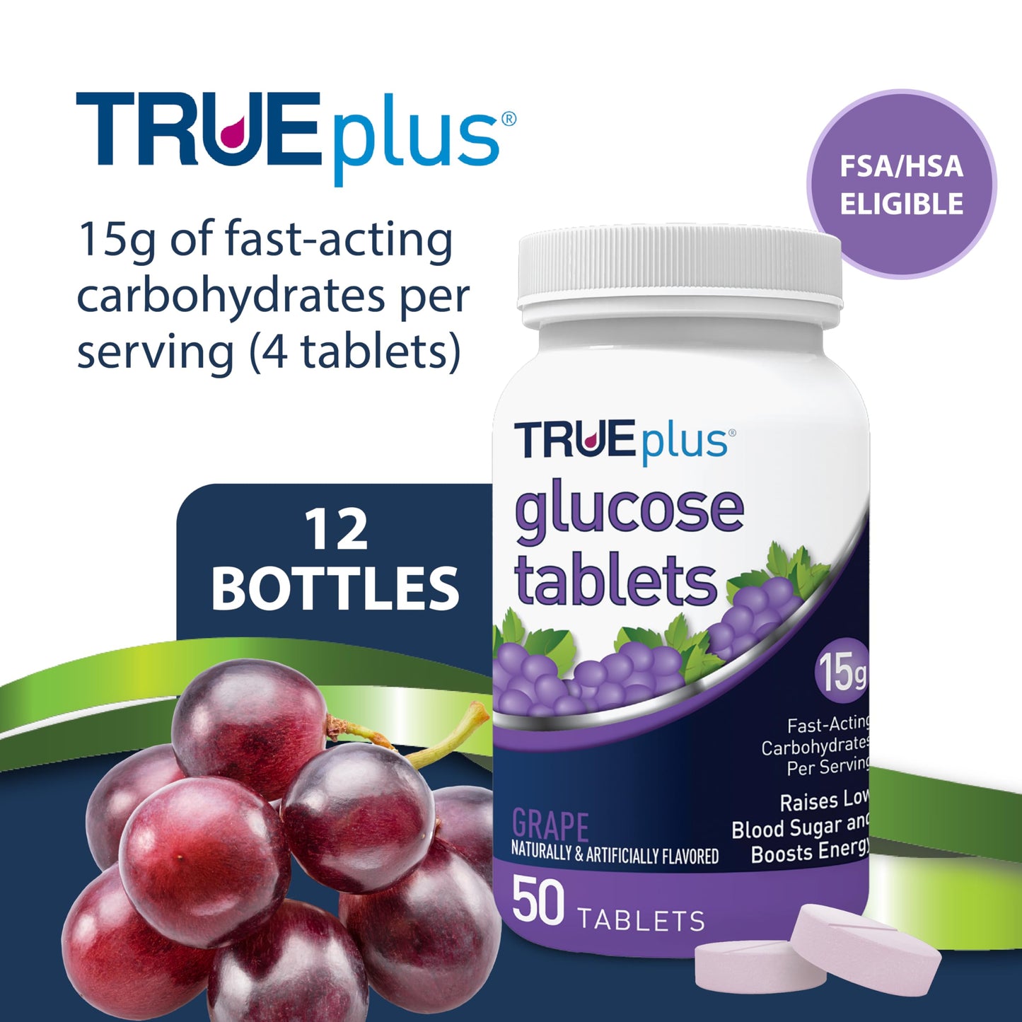 TRUEplus Glucose Tablets, Grape, Raspberry, Orange Flavors, 50 Count | Chewable Tablets, 15g Fast-Acting Carbohydrates, Fat Free, Gluten Free, Boosts Energy, Great Tasting and Easy to Use