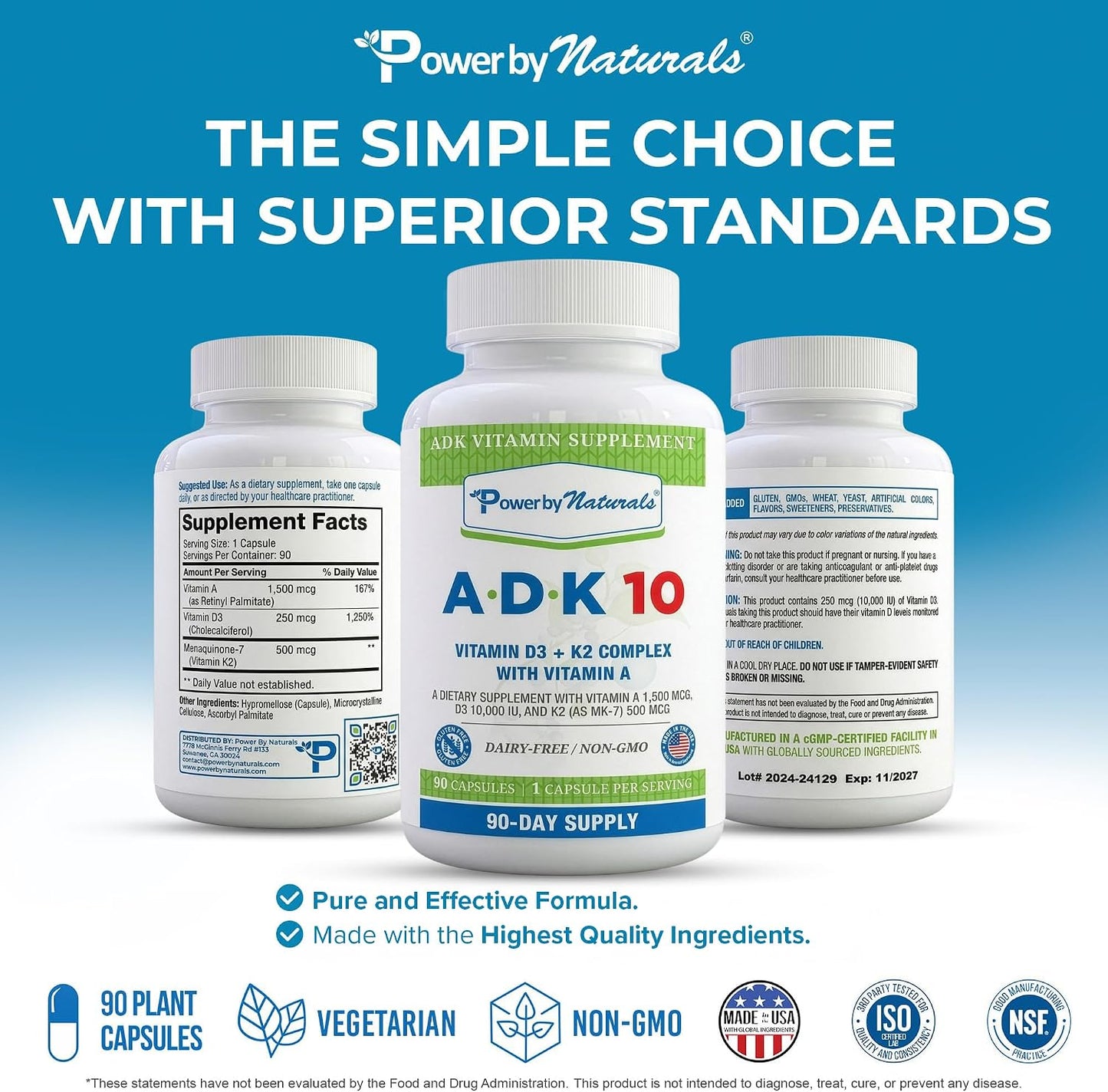 Power By Naturals ADK 10 Vitamin Supplement – Vitamins A, D3 & K2 MK-7 for Bone, Heart & Immune Health – Gluten-Free, Soy-Free – 90 Capsules (3-Month Supply)