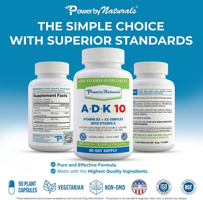 Power By Naturals ADK 10 Vitamin Supplement – Vitamins A, D3 & K2 MK-7 for Bone, Heart & Immune Health – Gluten-Free, Soy-Free – 90 Capsules (3-Month Supply)