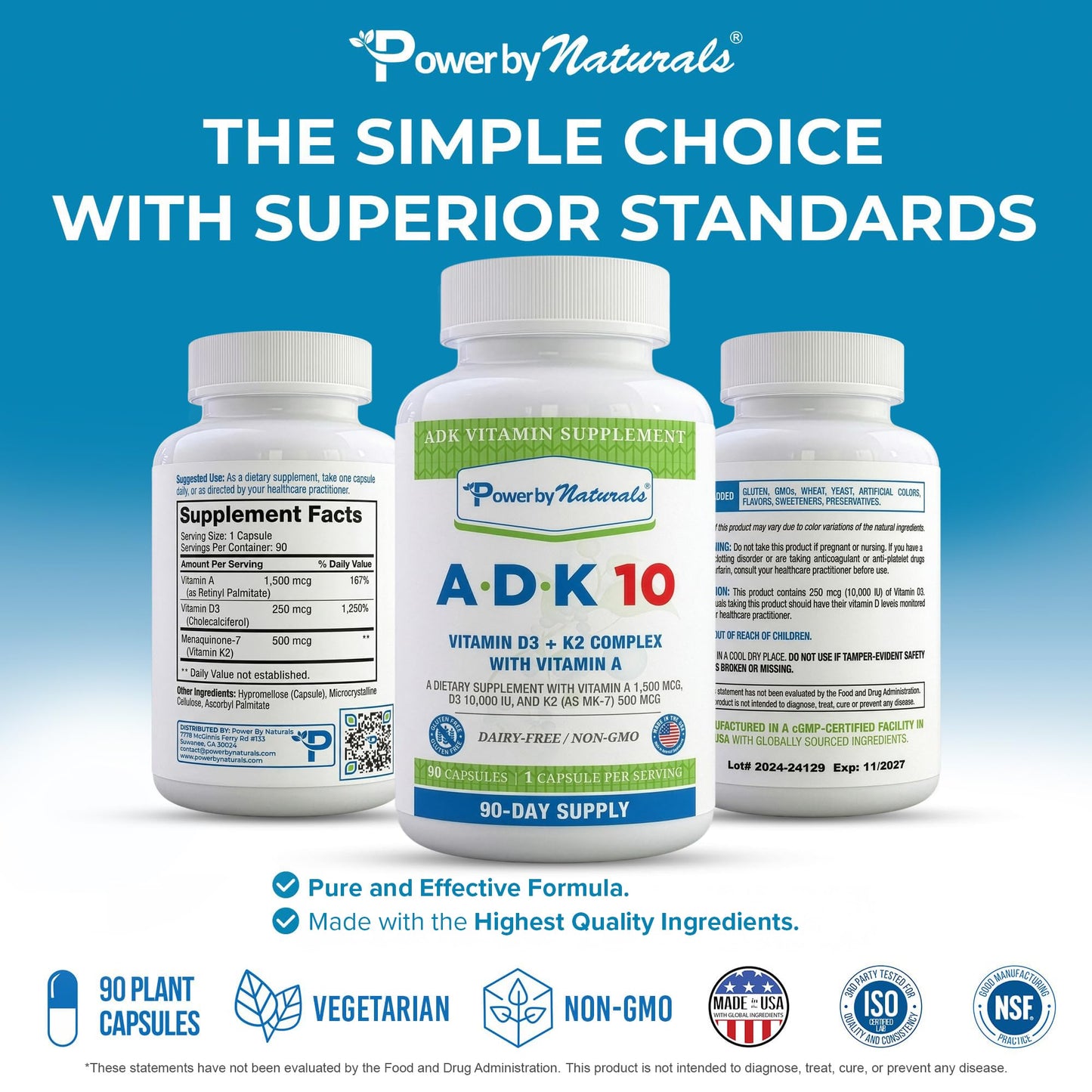 Power By Naturals ADK 10 Vitamin Supplement – Vitamins A, D3 & K2 MK-7 for Bone, Heart & Immune Health – Gluten-Free, Soy-Free – 90 Capsules (3-Month Supply)