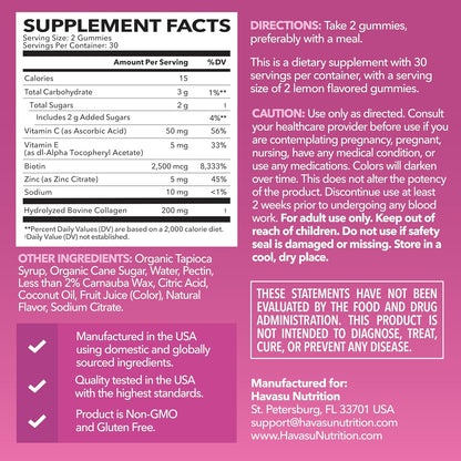 Collagen Gummies With 2500 mcg Biotin, Hair Skin & Nail Support, Lemon | For Women & Men with Biotin, Zinc, Vitamin C & E, Hydrolyzed Collagen, Lemon Flavor, 30 Servings, Hair, Skin & Nail Support