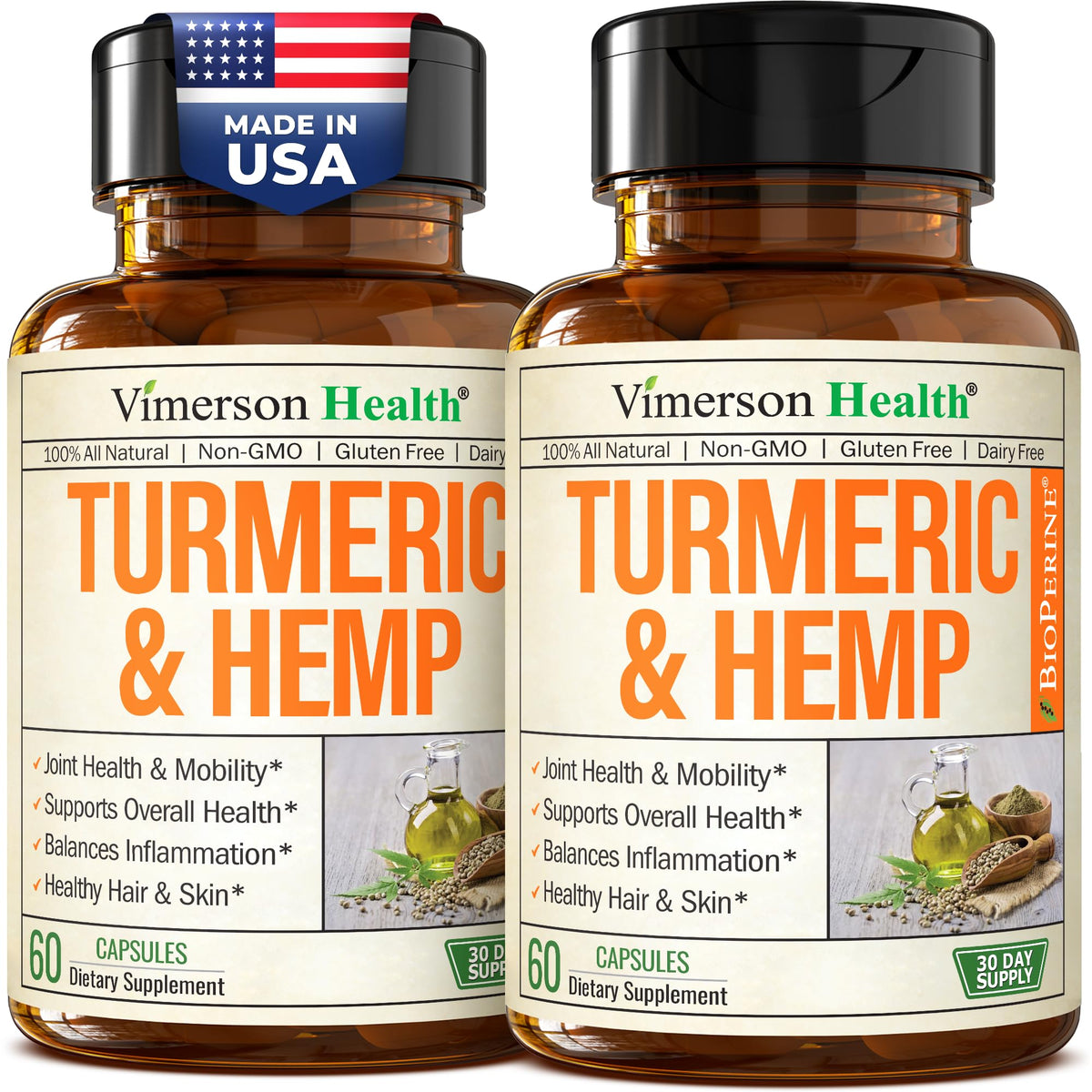 Turmeric Curcumin Supplement with Hemp Seeds & Lemon Balm Extract – 60 Caps