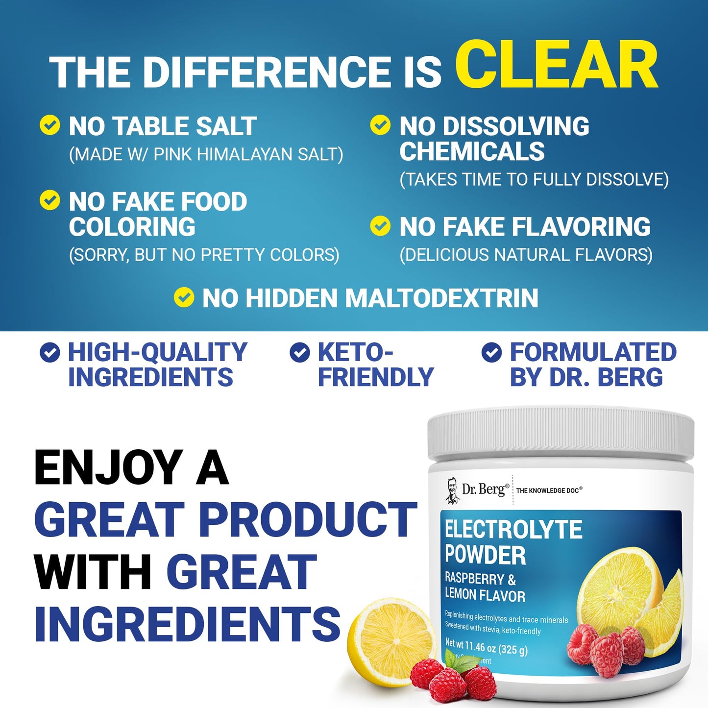 Dr. Berg Zero Sugar Hydration Keto Electrolyte Powder - Enhanced w/ 1000 mg of Potassium & Real Pink Himalayan Salt (NOT Table Salt) - Raspberry & Lemon Flavor Hydration Drink Supplement, 100 Servings