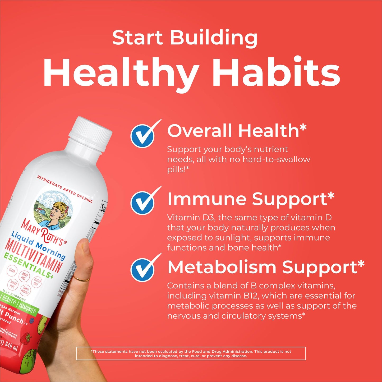 MaryRuth's Liquid Morning Multivitamin Essentials+ | Vitamin A C D E B6 B12 Biotin Zinc | Mens Womens Multivitamin | Immune Support | Beauty | Sugar Free | Vitamins for Ages 1+ | Vegan | 32 Fl Oz