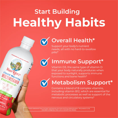 MaryRuth's Liquid Morning Multivitamin Essentials+ | Vitamin A C D E B6 B12 Biotin Zinc | Mens Womens Multivitamin | Immune Support | Beauty | Sugar Free | Vitamins for Ages 1+ | Vegan | 32 Fl Oz