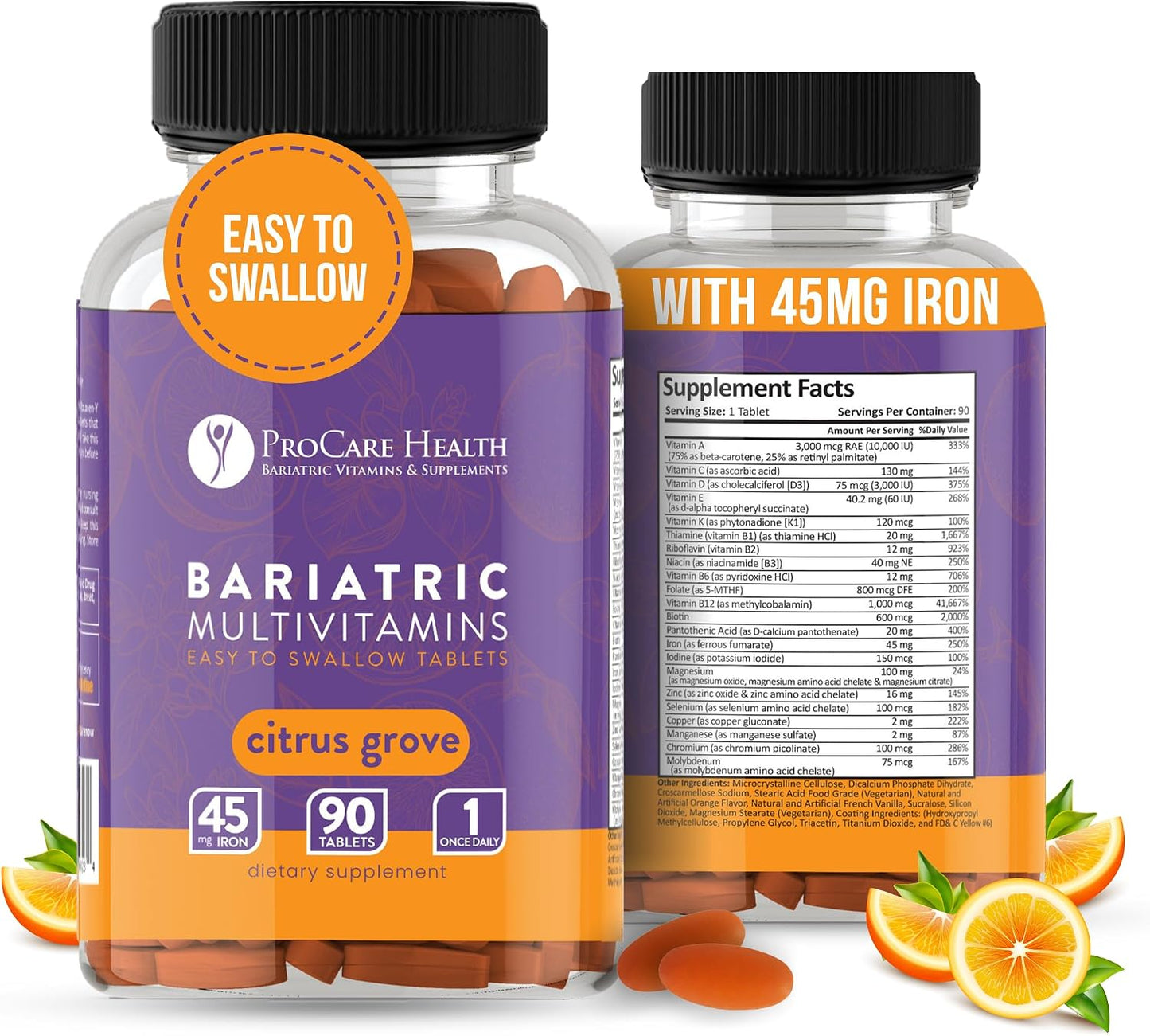 ProCare Health Easy-45 Bariatric Multivitamin | Citrus Grove Tablets | 90ct | Once Daily Tablets for Gastric Bypass Sleeve & Post-Op Support Pills for Sleeve Patients & Sustains Recovery, Easy to Swallow