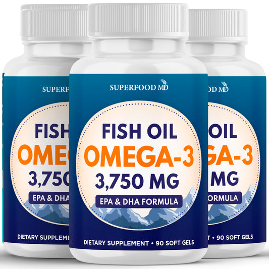 Triple Strength Omega 3 Fish Oil 3750 mg - EPA & DHA - Over 3000mg Omega-3 Fatty Acids - 1350mg EPA + 900mg DHA - Best Essential Fatty Acids, Burpless Fish Oil - 180 Count