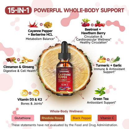 15 in1 Liposomal Cayenne Pepper Liquid Drops Supplement, with Vitamin D3 K2, Hawthorn, Berberine HCL, Beet Root, Turmeric, Cinnamon, Digestion, Circulatory Heath Support- 2 Fl Oz for 30 Days