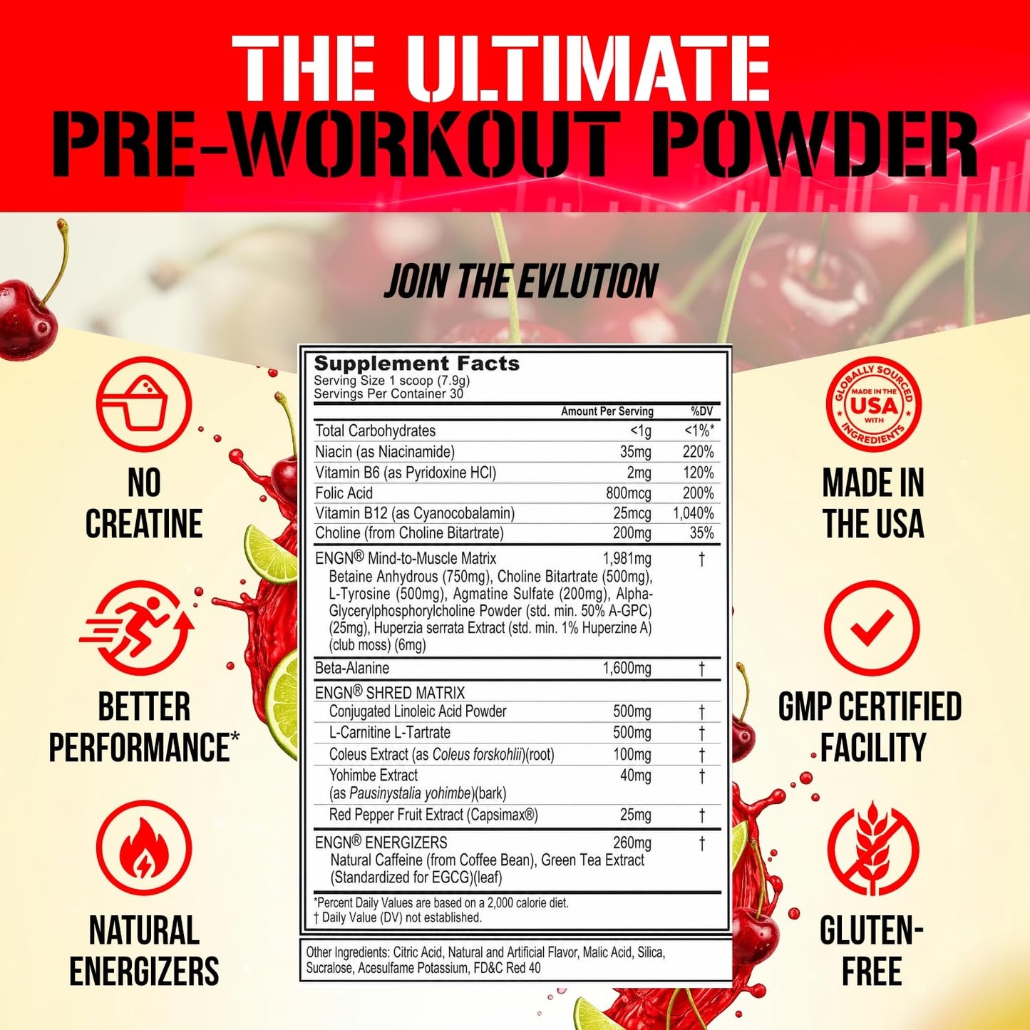 EVL Ultimate Pre Workout Powder - Thermogenic Fat Burner Preworkout Powder Drink for Lasting Energy Focus and Stamina - ENGN Shred Intense Fat Burning Creatine Free Preworkout Drink - Cherry Limeade