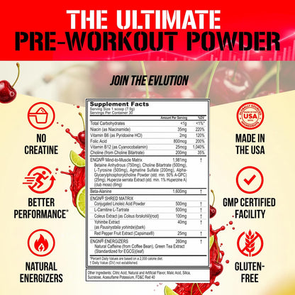 EVL Ultimate Pre Workout Powder - Thermogenic Fat Burner Preworkout Powder Drink for Lasting Energy Focus and Stamina - ENGN Shred Intense Fat Burning Creatine Free Preworkout Drink - Cherry Limeade
