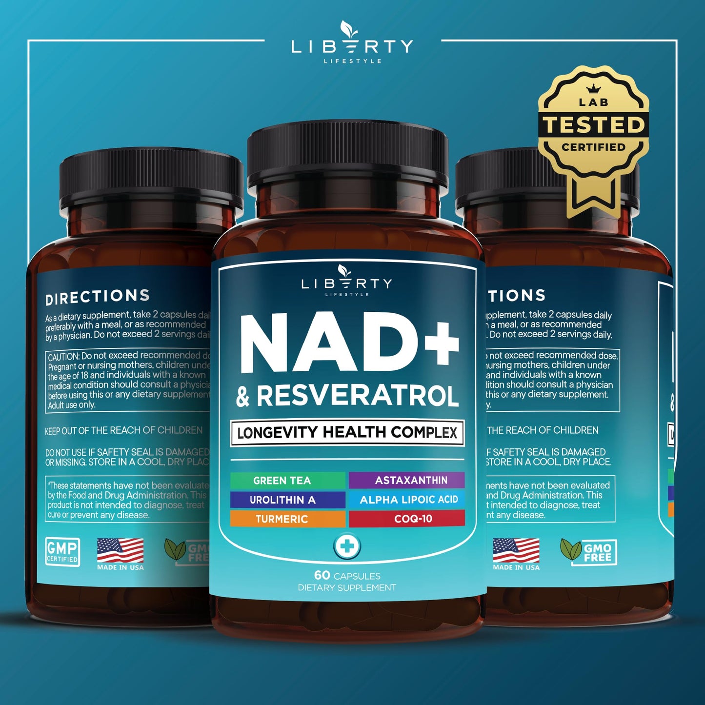 NAD+ Supplement Complex – NAD+ 300 mg with Astaxanthin, Urolithin A, Resveratrol, CoQ10 & Antioxidant Blend – Cellular Energy, Mitochondrial Support or Women & Men – Vegan, Non-GMO- 120 Capsules