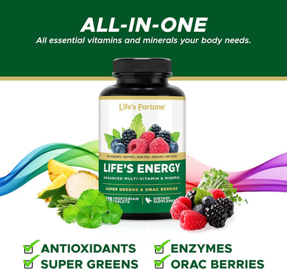Life's Energy Advanced Daily Multivitamin for Men & Women, Energy & Immune Support Supplement with Super Greens - Antioxidants & Enzymes - Iron Free, Vegetarian, 120 Tablets by Life's Fortune
