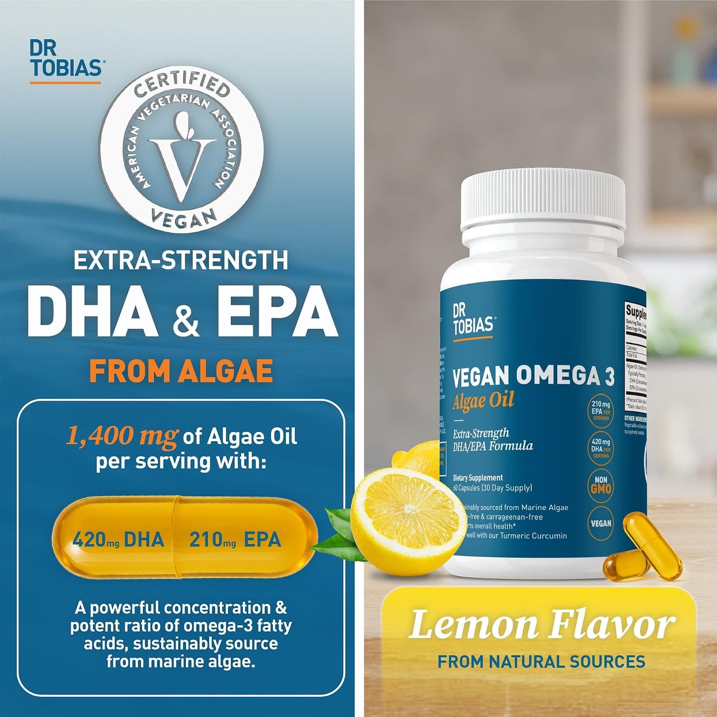 Dr. Tobias Vegan Omega 3 Algae Oil 60 Capsules | Extra-Strength DHA EPA | Plant-Based Omega 3 Supplement | Heart & Brain Support | 420 mg DHA + 210 mg EPA | Lemon Flavor | 30 Servings